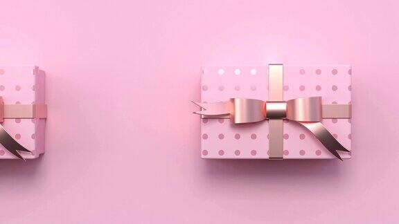 最小抽象运动动画金属玫瑰金形状3d渲染粉色场景平面lay礼物盒圣诞假期概念