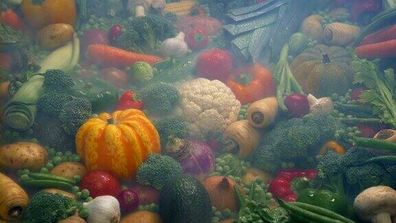 冷冻蒸汽在一堆蔬菜上