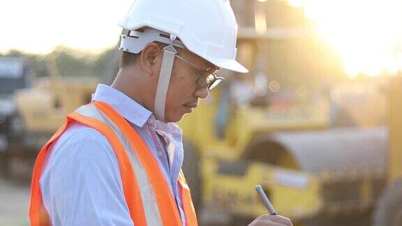 亚洲工程师戴安全帽使用平板电脑在建筑工地检查和工作
