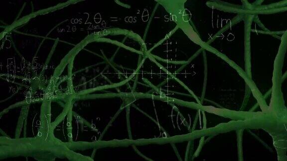 在黑色背景上数字神经元上的数学方程动画