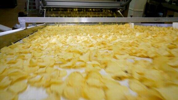 在工厂的现代化生产线上炸薯片