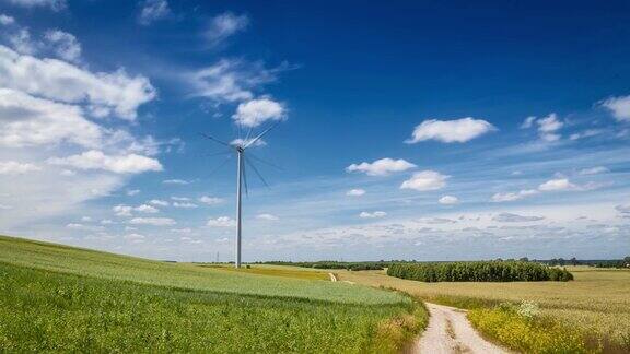 在一个阳光明媚的夏天绿色的田野上的风车时间流逝4K