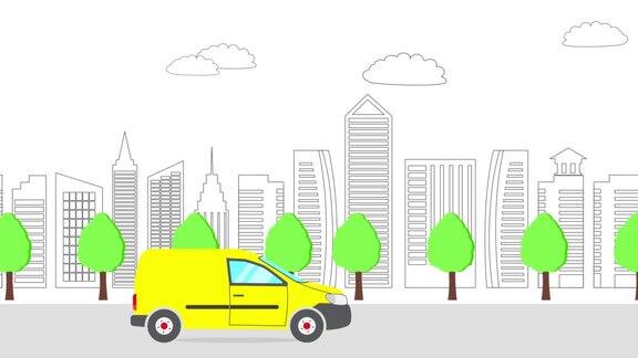 以配送黄色货车为背景的动漫城市二维动画用树木移动城市背景卡通车移动的卡车MP4