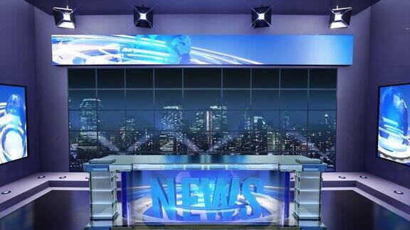 3d虚拟新闻工作室带有城市背景和泛光灯的播音员桌