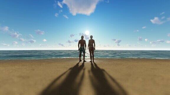 一对年轻夫妇在孤寂的海滩上欣赏日落