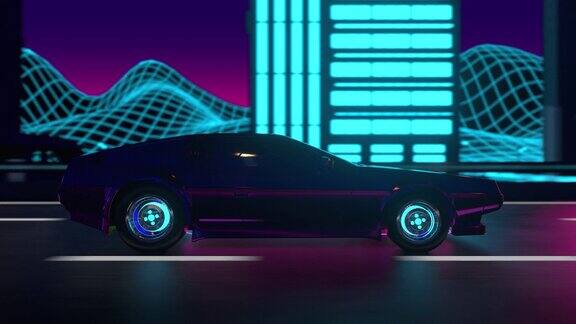 80年代霓虹复古车循环3d动画汽车在夜晚的城市中行驶
