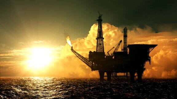 海上石油平台日落高清环