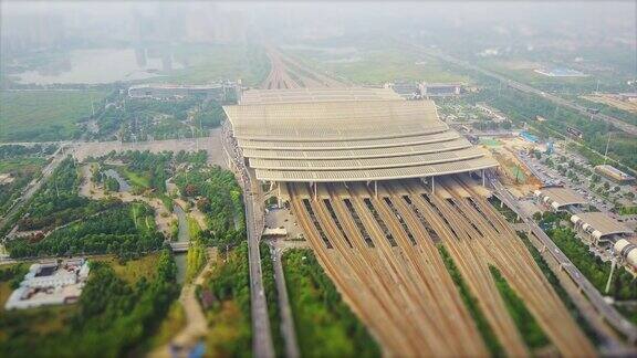 晴天武汉著名火车站铁路航拍全景4k倾斜移位中国