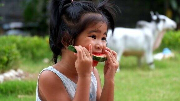 一个小女孩喜欢吃西瓜