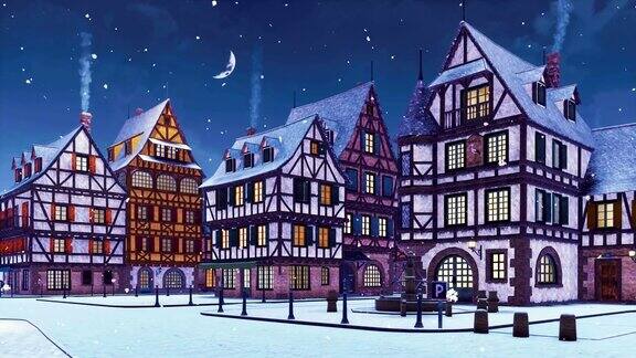 空的欧洲小镇在下雪的冬天晚上3D动画