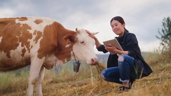 一位女农民正在用电子平板电脑检查牛群