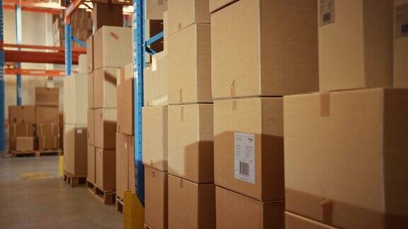 大型零售仓库堆满了货架上的货物在纸板箱和包装物流分拣和分配设施进一步的产品交付移动小车半侧摄像头视图