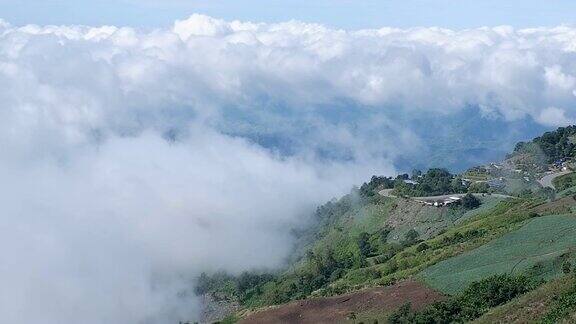 以山和雾为背景的乡村景色