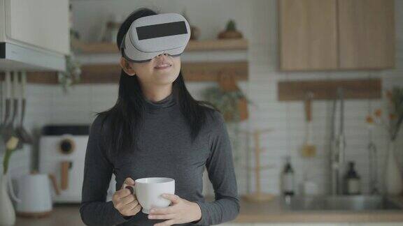 Metaverse年轻女子戴着虚拟现实头盔或VR眼镜