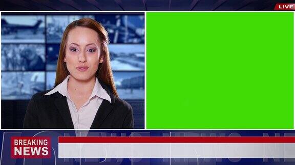4K视频:女新闻主播在广播工作室与绿色屏幕显示的模型使用