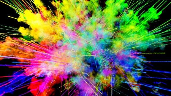 爆炸的火药孤立在黑色背景3d动画的粒子作为彩色的背景或覆盖效果迸发出彩虹般的色彩粉饼呈现出明亮如胡里节53