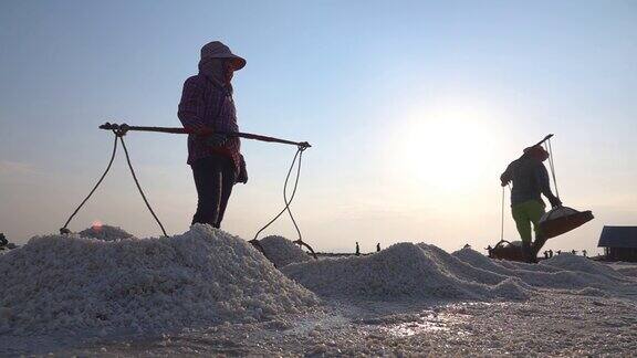 盐业工人去谷仓收集盐