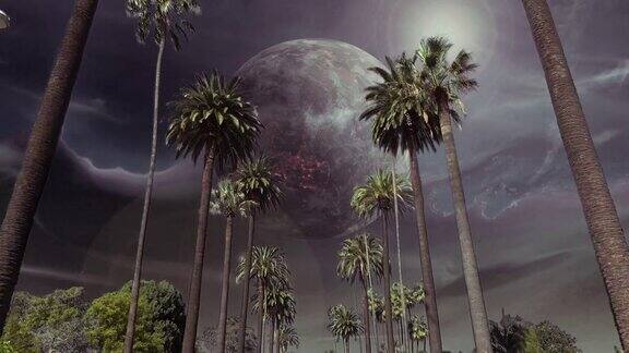 未来世界里棕榈树大道上的旋转月亮