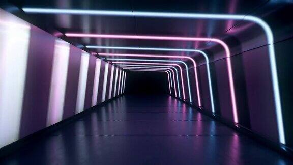 前进在一个无尽的隧道里蓝色和粉色的霓虹灯线和白色的灯