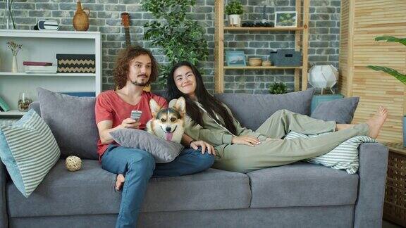 男人和女人看喜剧在家里的沙发上笑可爱的狗