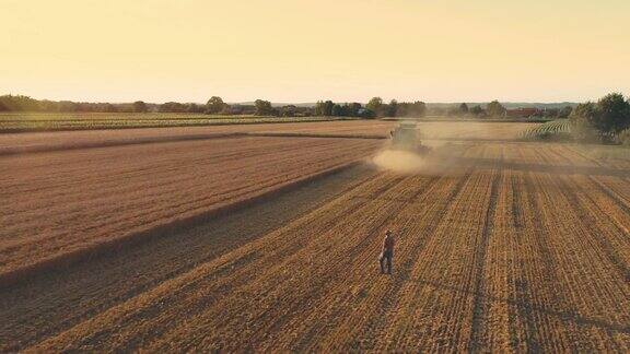 无人机视角的农民看着联合收割机收获阳光明媚田园般的乡村小麦作物慢镜头