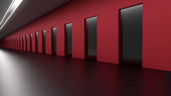 有许多门的走廊红色的墙壁3d渲染