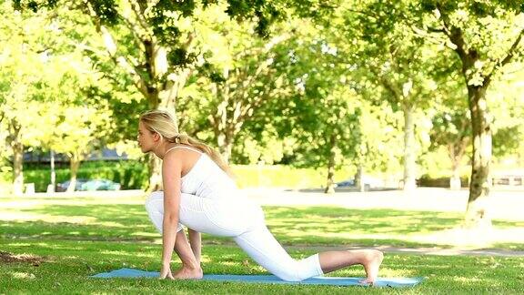 金发美女在公园里做瑜伽