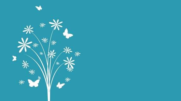 春天的树与花和蝴蝶动画上的蓝色背景