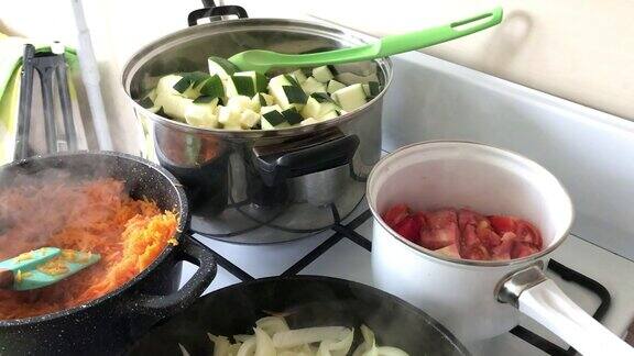 烹饪南瓜鱼子酱原料是在煤气炉上煮的西葫芦、胡萝卜、西红柿和洋葱在火上炖