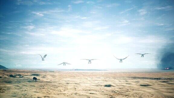 飞龙飞过广阔的沙漠3D动画幻想背景