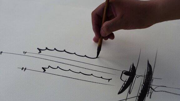 艺术家男手拿毛笔在白纸上作画