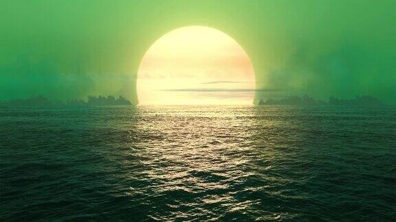 绿色星球-日落在无缝循环的海洋