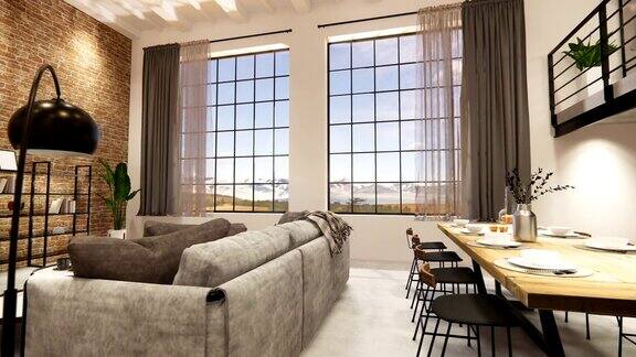 3d渲染室内设有厨房的现代开放式生活空间Loft风格复式公寓住宅家居装饰豪华室内设计