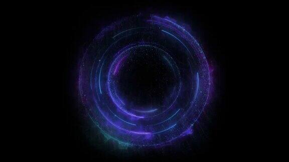无缝循环一个由粒子和能量轨迹组成的蓝色几何圆形传送门的动画它被隔离在黑色的背景上并带有alpha光斑