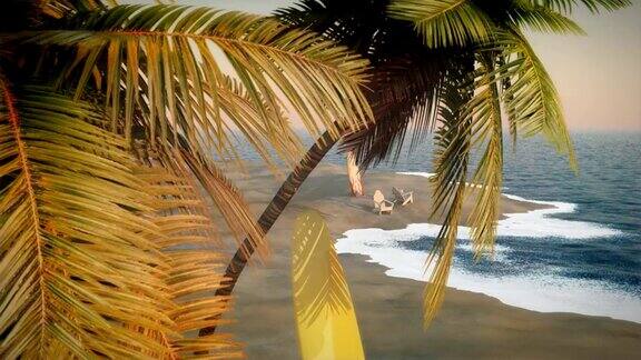 浪漫的热带海浪沙滩椅子棕榈树冲浪板岛