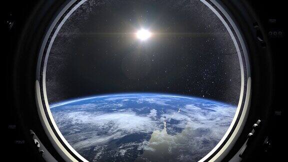 通过宇宙飞船的大舷窗看到的地球国际空间站绕地球运行现实的气氛3d体积云空间国际空间站4k