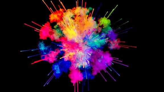 烟花般的油漆爆炸的彩色粉末孤立在黑色背景3d动画作为彩色的抽象背景彩虹颜色4
