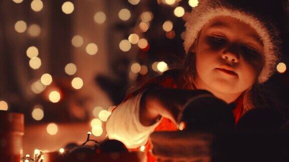 小女孩戴着圣诞帽玩着装饰品幻想着圣诞节