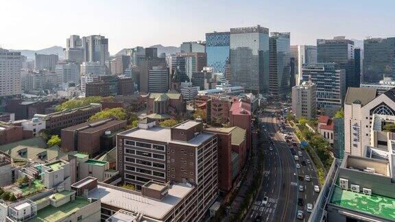 延时:韩国首尔明洞市中心摩天大楼鸟瞰图