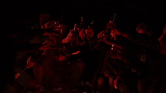 一群年轻的朋友在篝火旁喝酒