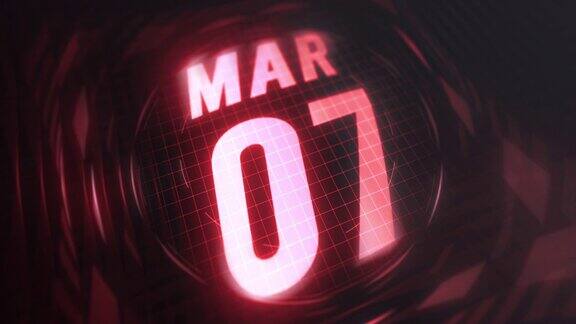 3月7日的3d运动图形红外线日历在未来和科技发光霓虹灯拍摄纪念在led等4k循环