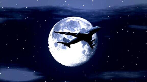 星空下飞机飞过月亮的动画