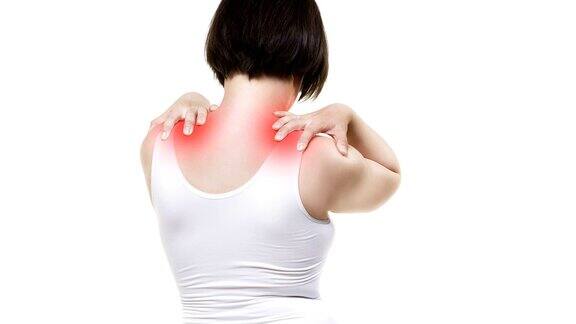 颈部疼痛背部疼痛的女人在白色背景