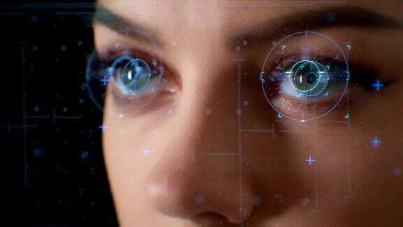 面对ID面部识别系统人脸检测点和贪婪未来和技术的3D扫描的一个美丽的女人的脸面部识别解锁