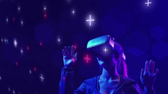 少女玩VR虚拟现实MR混合现实元宇宙游戏戴着VR眼镜观看虚拟网络空间未来抽象数字技术背景