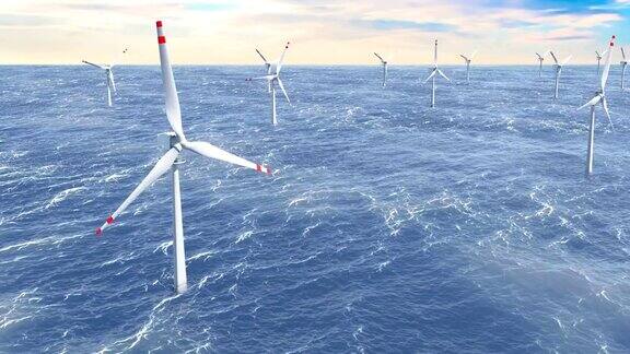 风力发电场风力涡轮机在海上动画三维渲染