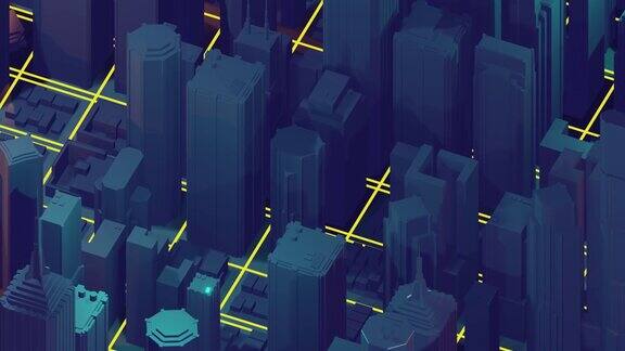 带有线条和数字元素的3d城市渲染数字的摩天大楼