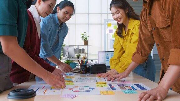 亚洲用户体验开发人员和ui设计师手头脑风暴关于移动应用界面线框图在桌子上和拍手为成功的设计在现代办公室创意数字发展机构移出