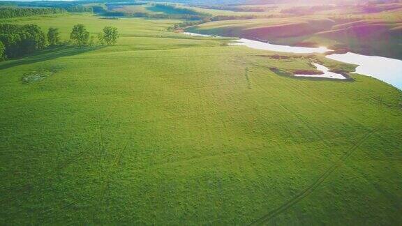 在春天的日落时空中的视频飞过绿色的草地