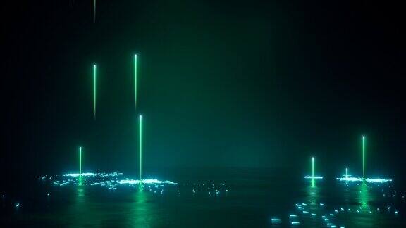 循环3d动画抽象的背景与垂直霓虹灯线和火花发光的绿色粒子飞起来留下痕迹